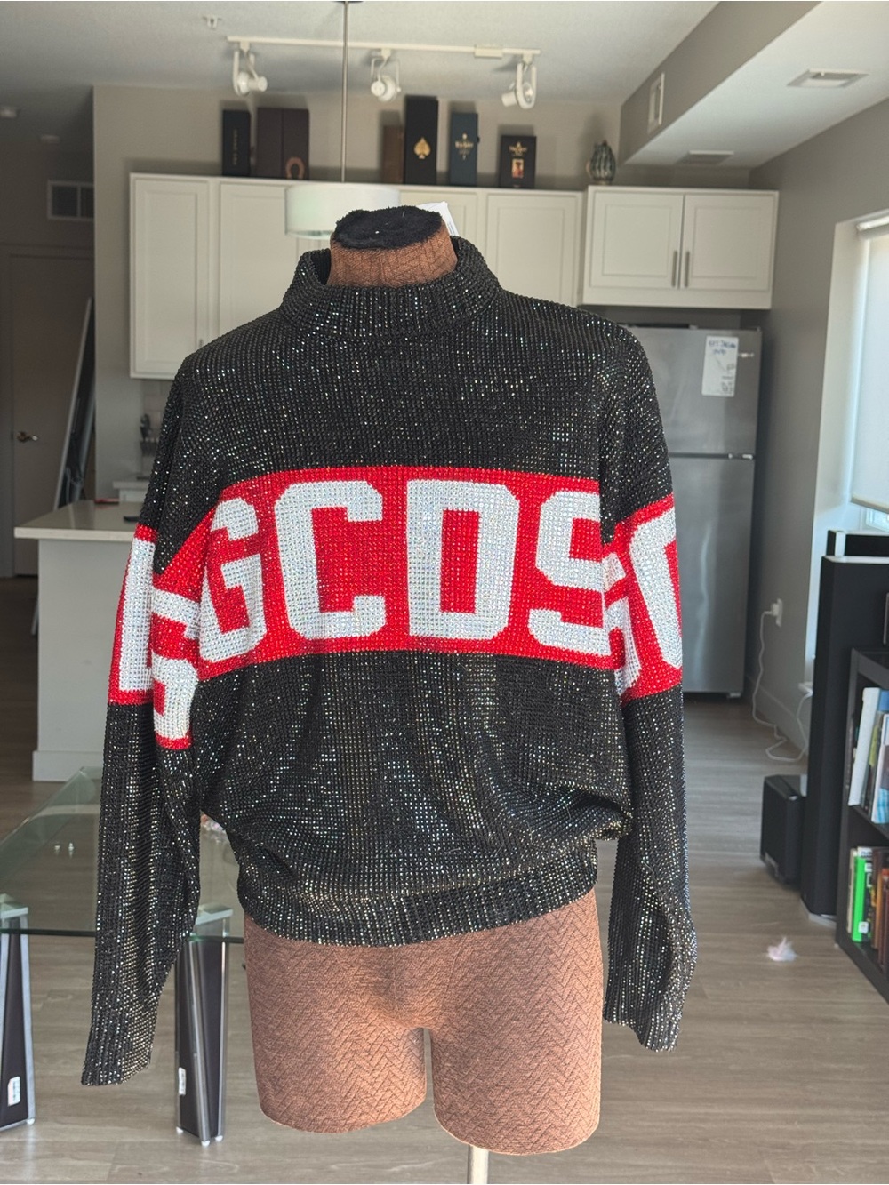 GCDS Black Sparkle Logo Sweater with Red & White Stripe